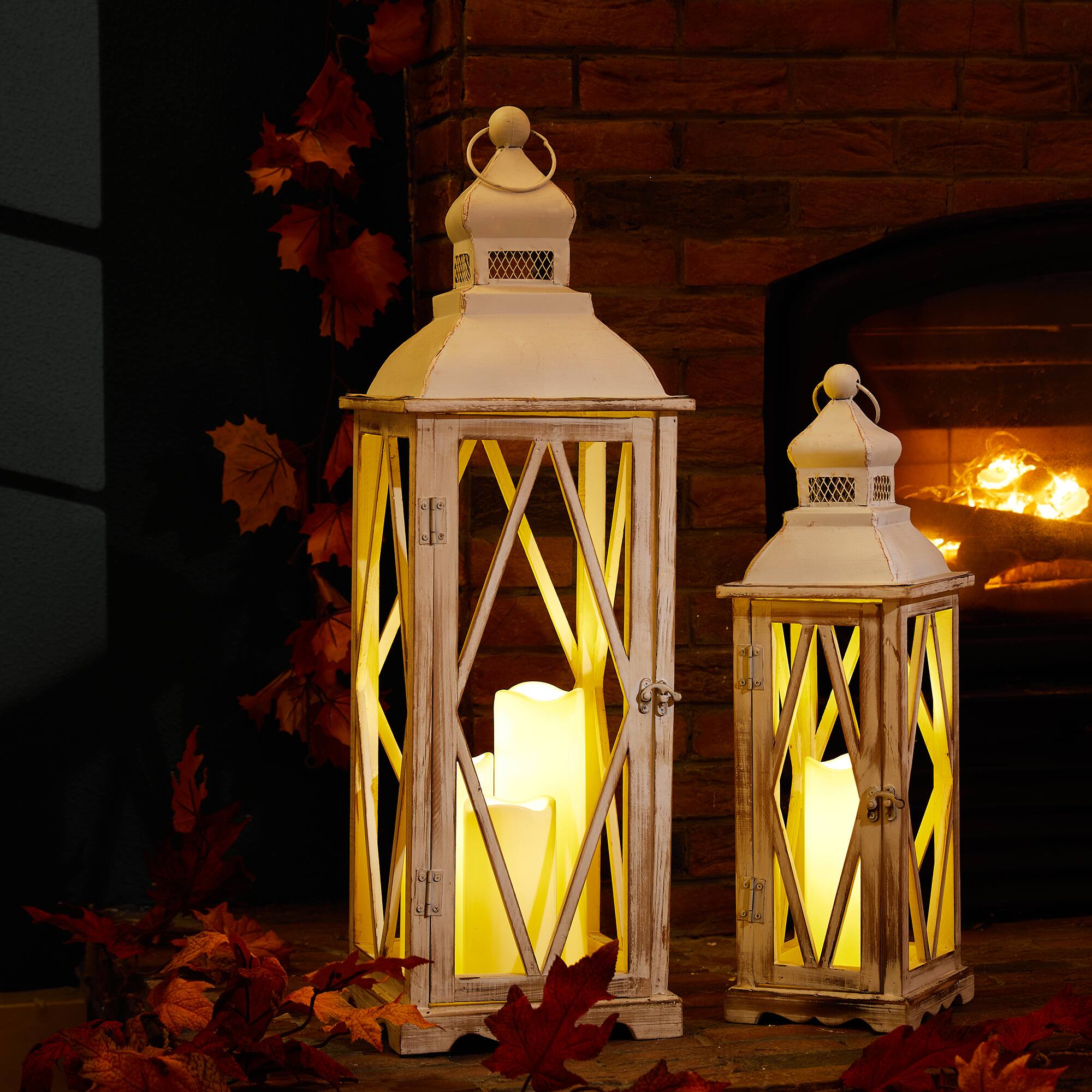Glitzhome® White Farmhouse Wood & Metal Lantern Set